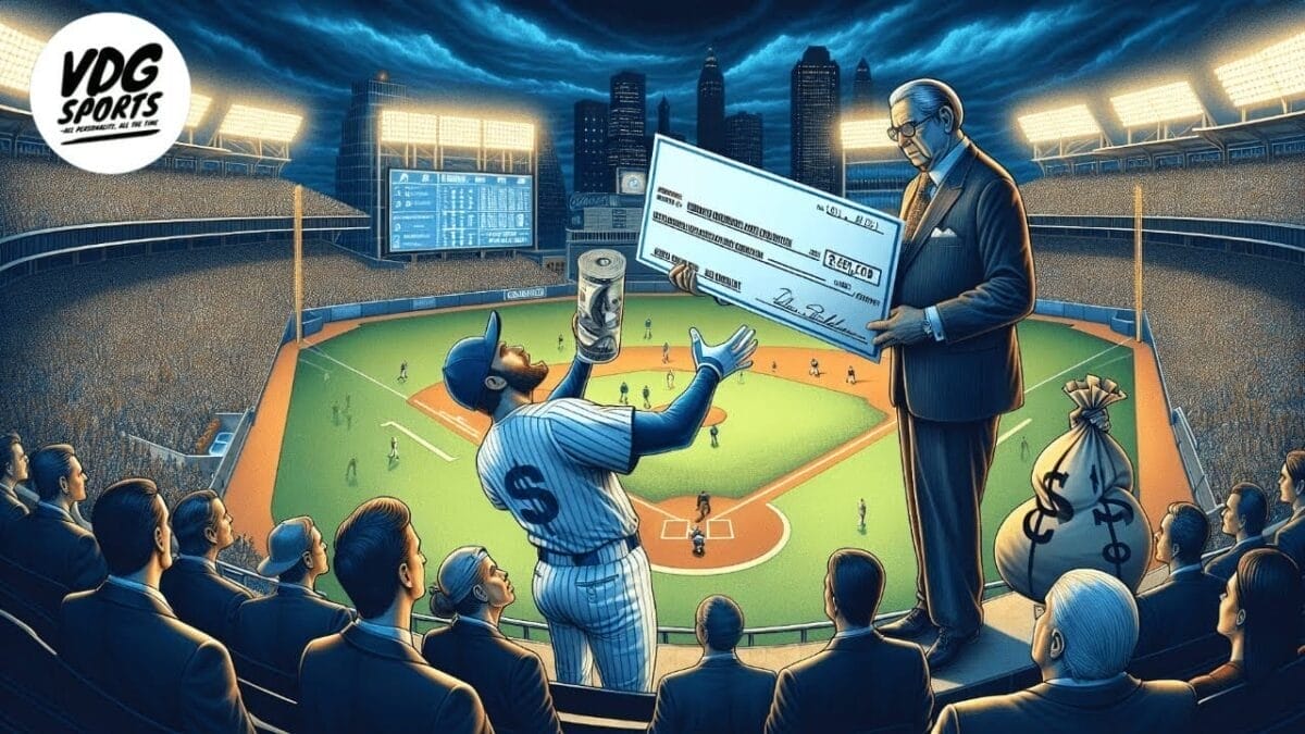 A baseball player jubilantly celebrates with a giant check on the field, while nearby, a businessman holds it proudly, symbolizing success in the MLB industry.