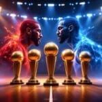 Two opposing player profiles, reminiscent of the best NBA player clashes, face off with fiery and icy effects against a blurred stadium background. Five golden trophies gleam on a wooden surface between them, while the VDG Sports logo graces the top left corner.