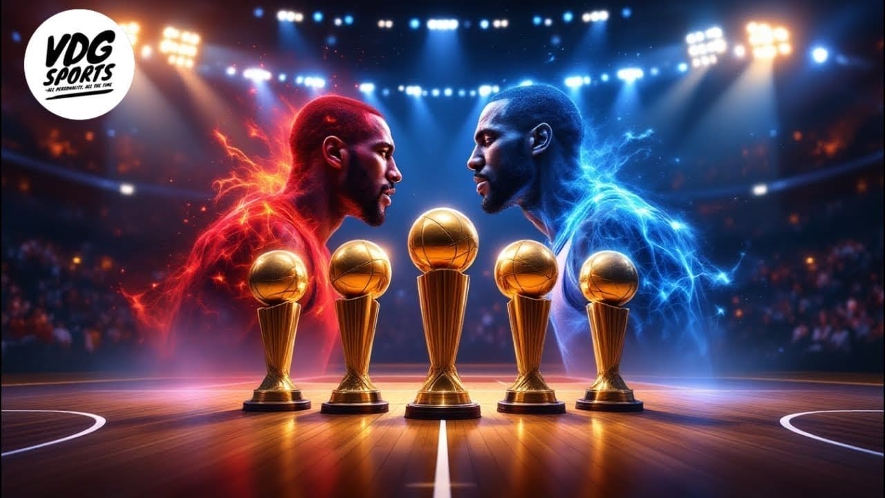 Two opposing player profiles, reminiscent of the best NBA player clashes, face off with fiery and icy effects against a blurred stadium background. Five golden trophies gleam on a wooden surface between them, while the VDG Sports logo graces the top left corner.
