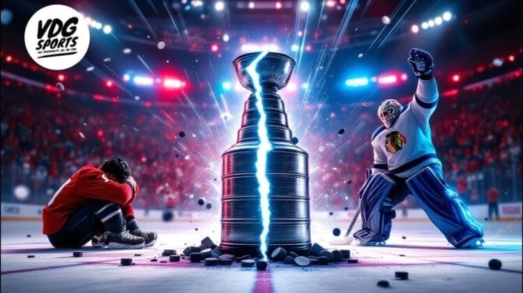 A large, glowing hockey trophy stands on the ice, surrounded by scattered pucks—a scene straight from the NHL playoffs. On the left, a dejected player in red sits with his head down, while a celebrating goalie in white raises his arms amid cheering fans.