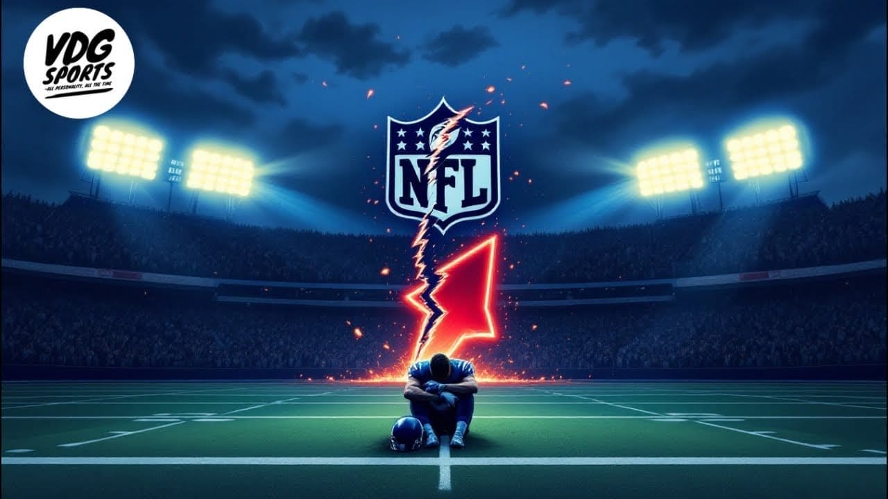 A football player sits on a field under the stadium lights, with a helmet on the ground beside them. Above, an NFL logo and red lightning bolt dominate the scene, reflecting the intensity of NFL teams tanking. In the background, spectators fill the stands. The corner is branded "VDG Sports.