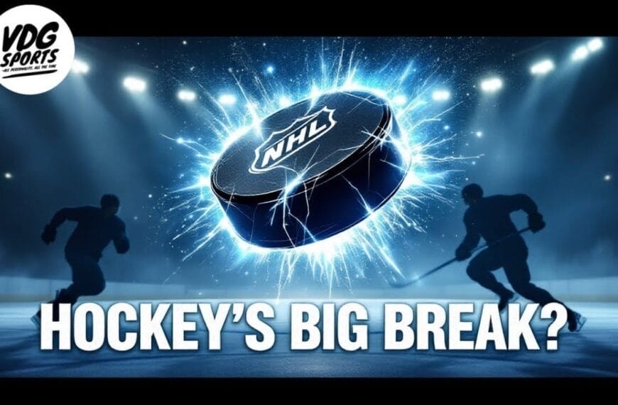 Silhouettes of two hockey players skate toward each other on an ice rink under bright spotlights. A large NHL puck, surrounded by electric blue sparks, rests between them. Text at the bottom reads "Hockey's Big Break?" as a VDG Sports logo graces the top left corner.