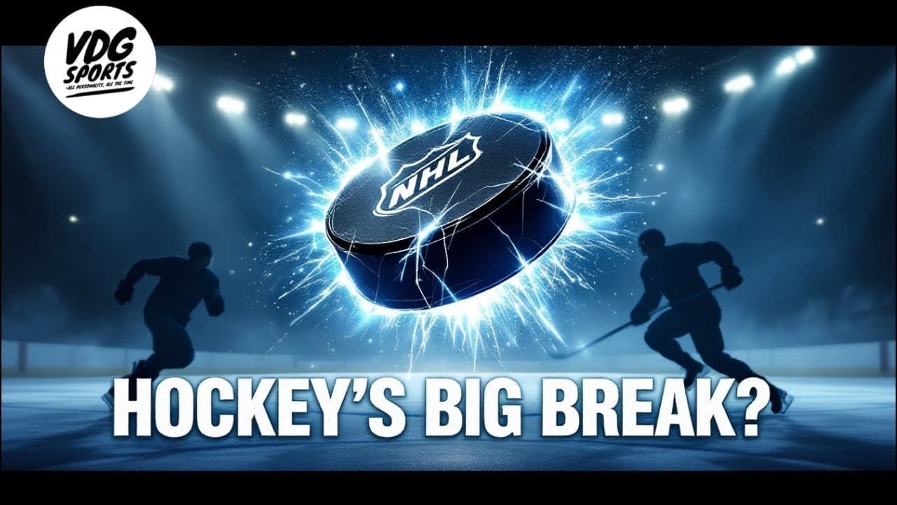 Silhouettes of two hockey players skate toward each other on an ice rink under bright spotlights. A large NHL puck, surrounded by electric blue sparks, rests between them. Text at the bottom reads "Hockey's Big Break?" as a VDG Sports logo graces the top left corner.