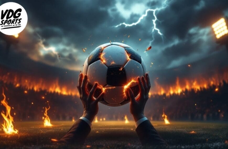 Two hands in black gloves grip a soccer ball with crackling fire effects against a fiery stadium backdrop. Lightning strikes the cloudy sky while stadium lights dazzle. The VDG Sports logo graces the top left corner, capturing the Super League's electrifying essence.