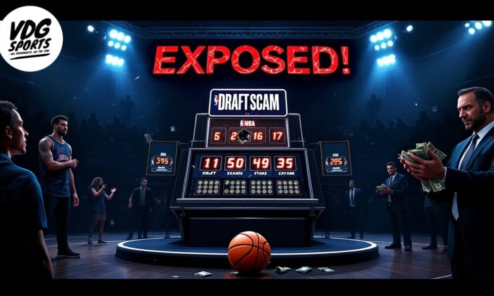 A basketball court scene features a tense, dimly lit atmosphere. A large scoreboard labeled "Draft Scam" looms over players and a suited man clutching cash. Bold red letters scream "Exposed!" at the top, highlighting the urgency for NBA draft lottery reforms.