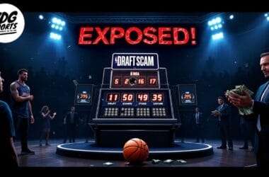 A basketball court scene features a tense, dimly lit atmosphere. A large scoreboard labeled "Draft Scam" looms over players and a suited man clutching cash. Bold red letters scream "Exposed!" at the top, highlighting the urgency for NBA draft lottery reforms.