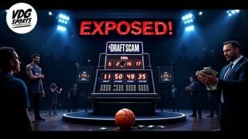 A basketball court scene features a tense, dimly lit atmosphere. A large scoreboard labeled "Draft Scam" looms over players and a suited man clutching cash. Bold red letters scream "Exposed!" at the top, highlighting the urgency for NBA draft lottery reforms.