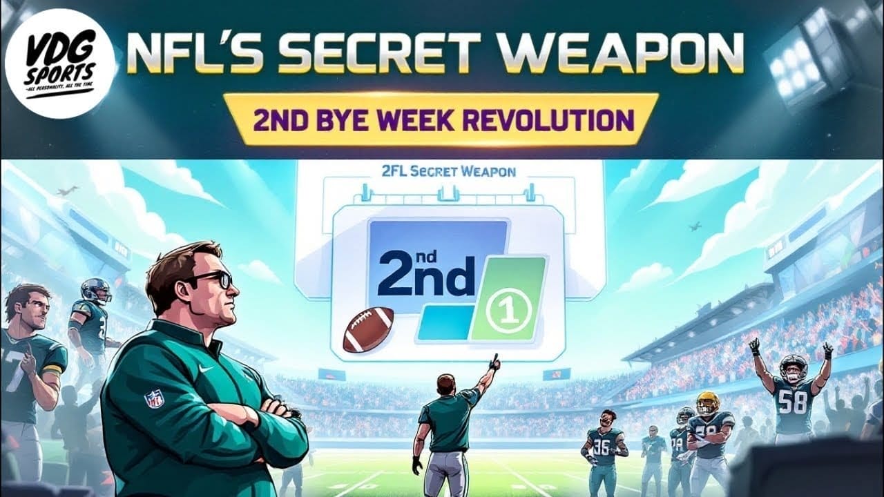 Illustration of a football coach watching a digital screen displaying "2nd" with a football icon. Players and cheering fans are in the stadium. The text reads, "NFL's Secret Weapon: 2nd Bye Week Revolution" with a logo "VDG Sports" in the corner.
