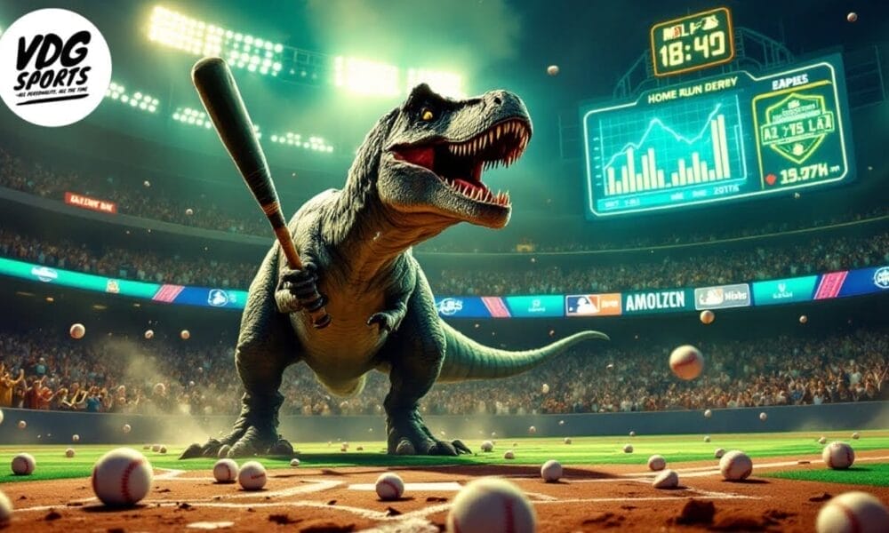 A large T-Rex stands on a baseball field with a bat in its mouth, ready to swing for an MLB home run. Baseballs are scattered around as the stadium buzzes with spectators, while the scoreboard in the background displays game statistics.