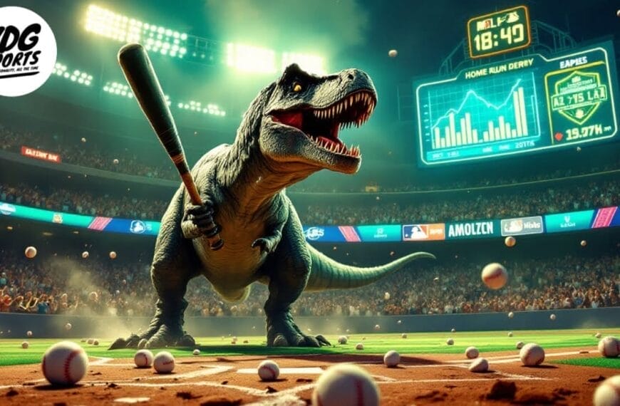 A large T-Rex stands on a baseball field with a bat in its mouth, ready to swing for an MLB home run. Baseballs are scattered around as the stadium buzzes with spectators, while the scoreboard in the background displays game statistics.