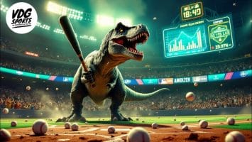 A large T-Rex stands on a baseball field with a bat in its mouth, ready to swing for an MLB home run. Baseballs are scattered around as the stadium buzzes with spectators, while the scoreboard in the background displays game statistics.