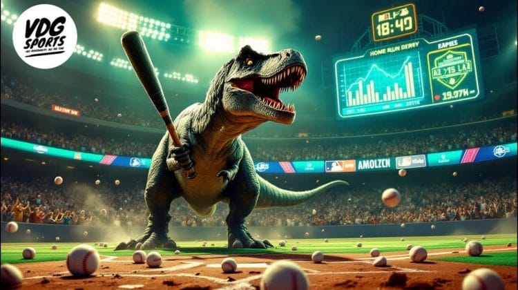 A large T-Rex stands on a baseball field with a bat in its mouth, ready to swing for an MLB home run. Baseballs are scattered around as the stadium buzzes with spectators, while the scoreboard in the background displays game statistics.