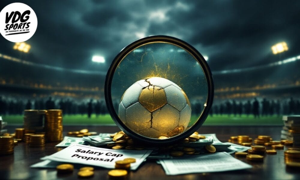 A football rests within a transparent sphere with cracks, surrounded by stacks of coins and paper currency on the field. In the background, a stadium is visible, alongside a document labeled "Salary Cap Proposal," illustrating the evolving dynamics of spending in the sport.