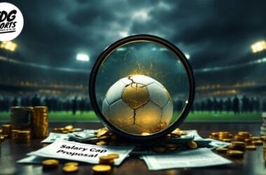 A football rests within a transparent sphere with cracks, surrounded by stacks of coins and paper currency on the field. In the background, a stadium is visible, alongside a document labeled "Salary Cap Proposal," illustrating the evolving dynamics of spending in the sport.