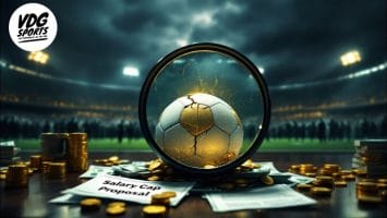 A football rests within a transparent sphere with cracks, surrounded by stacks of coins and paper currency on the field. In the background, a stadium is visible, alongside a document labeled "Salary Cap Proposal," illustrating the evolving dynamics of spending in the sport.