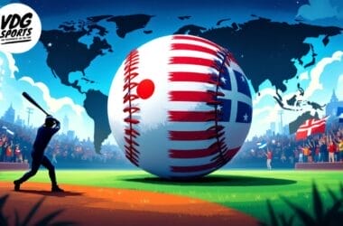 Illustration of a giant baseball adorned with international flags, like American and Japanese designs, symbolizing the sport's grow in MLB play. A player readies to swing on the field, backed by a crowd and a world map. VDG Sports logo sits proudly in the corner.