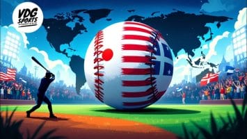 Illustration of a giant baseball adorned with international flags, like American and Japanese designs, symbolizing the sport's grow in MLB play. A player readies to swing on the field, backed by a crowd and a world map. VDG Sports logo sits proudly in the corner.