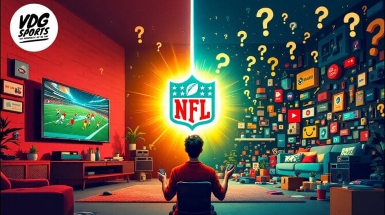 A person sits cross-legged in front of a glowing NFL logo, surrounded by question marks. On the left, a red room shows a soccer game on TV. On the right, a blue room is filled with streaming app logos. The setting suggests choosing how to watch NFL games.
