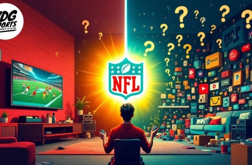 A person sits cross-legged in front of a glowing NFL logo, surrounded by question marks. On the left, a red room shows a soccer game on TV. On the right, a blue room is filled with streaming app logos. The setting suggests choosing how to watch NFL games.