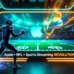 A digital illustration shows an American football player running with a ball on a neon-lit field. The Apple logo appears on a large screen, with text reading "Fact or fiction NFL: Apple + NFL + Sports Streaming REVOLUTION" and streaming logos present.