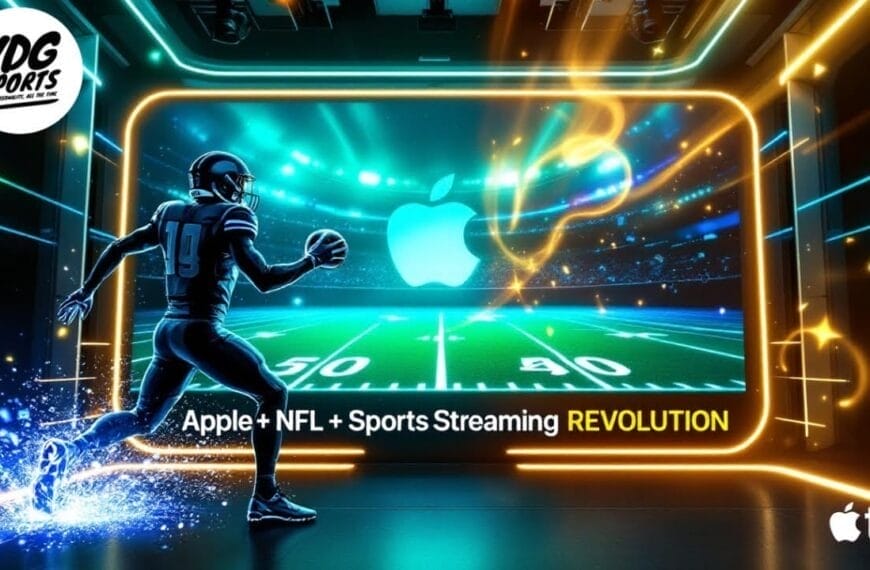 A digital illustration shows an American football player running with a ball on a neon-lit field. The Apple logo appears on a large screen, with text reading "Fact or fiction NFL: Apple + NFL + Sports Streaming REVOLUTION" and streaming logos present.