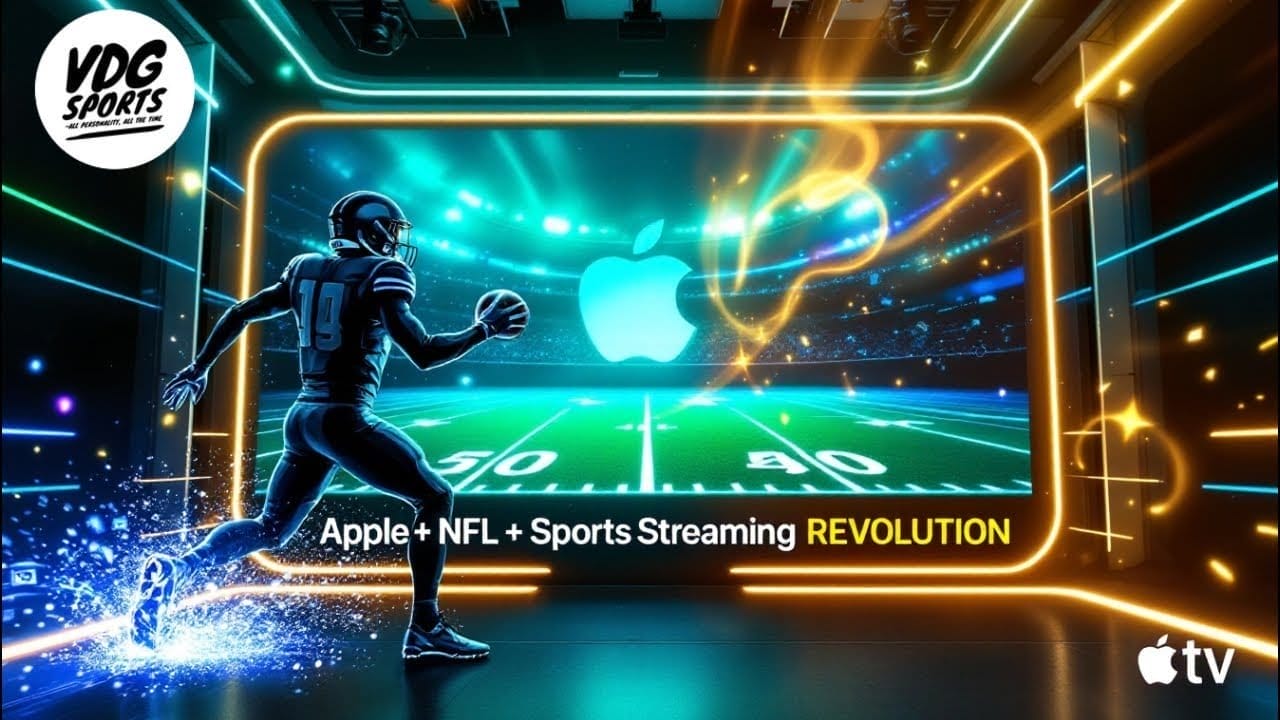 A digital illustration shows an American football player running with a ball on a neon-lit field. The Apple logo appears on a large screen, with text reading "Fact or fiction NFL: Apple + NFL + Sports Streaming REVOLUTION" and streaming logos present.