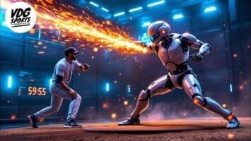 A humanoid robot with a fiery arm faces a baseball player in a batting stance on a futuristic field. Blue lights and digital displays fill the high-tech arena as the robot makes a provocative baseball decision, pitching a blazing fireball.