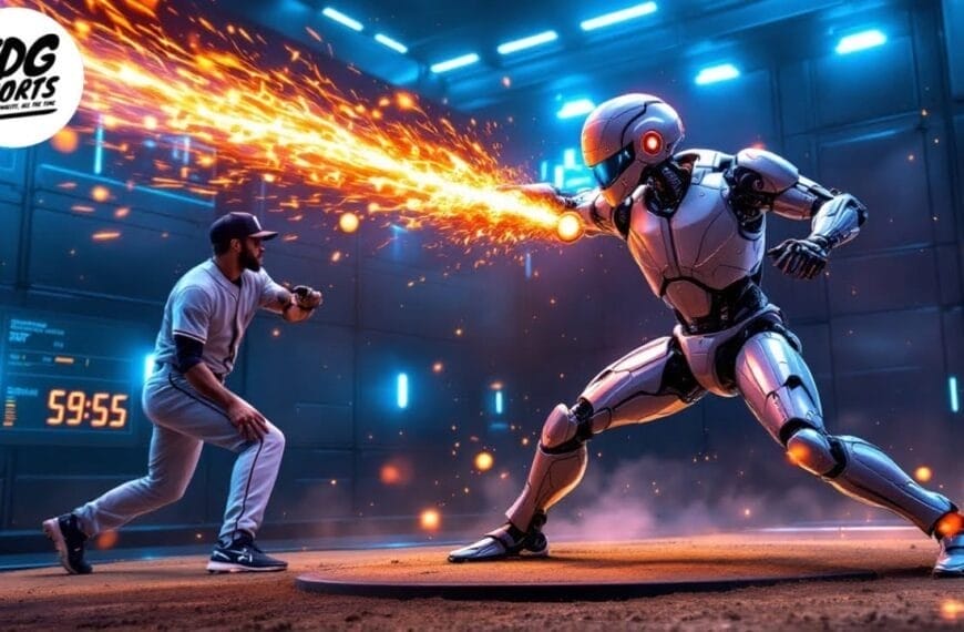 A humanoid robot with a fiery arm faces a baseball player in a batting stance on a futuristic field. Blue lights and digital displays fill the high-tech arena as the robot makes a provocative baseball decision, pitching a blazing fireball.