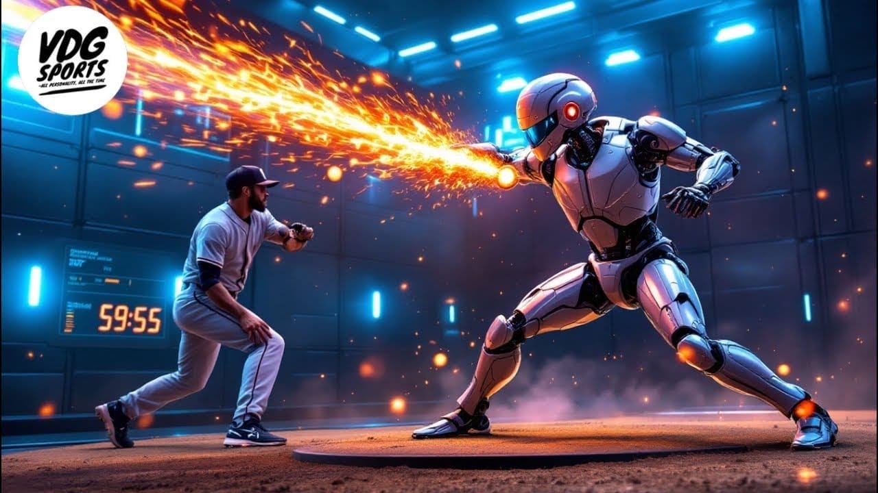 A humanoid robot with a fiery arm faces a baseball player in a batting stance on a futuristic field. Blue lights and digital displays fill the high-tech arena as the robot makes a provocative baseball decision, pitching a blazing fireball.