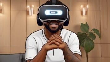 A man wearing a VR headset is sitting in a living room. NBA future is VR.