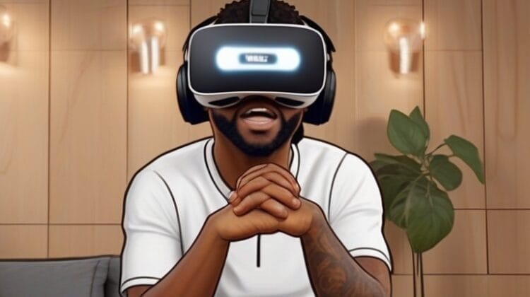 A man wearing a VR headset is sitting in a living room. NBA future is VR.