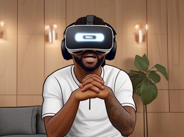 A man wearing a VR headset is sitting in a living room. NBA future is VR.