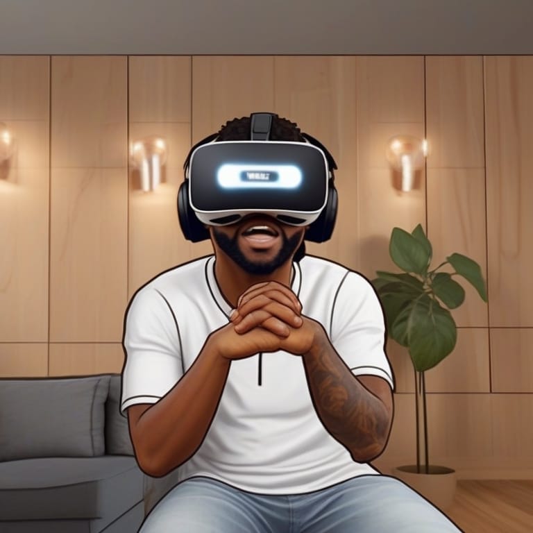 A man wearing a VR headset is sitting in a living room.