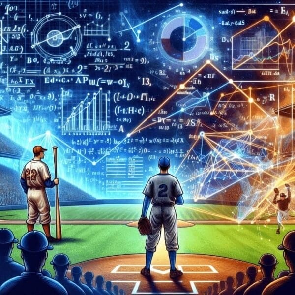 Illustration depicts a baseball game with players on the field. Mathematical formulas and charts are superimposed, suggesting analysis. The stadium is filled with fans. VDG Sports logo is in the corner.
