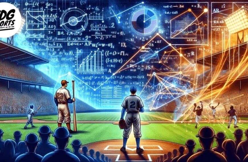 Illustration depicts a baseball game with players on the field. Mathematical formulas and charts are superimposed, suggesting analysis. The stadium is filled with fans. VDG Sports logo is in the corner.