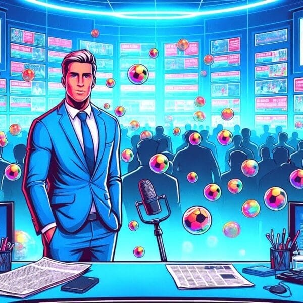 A man in a blue suit stands in a futuristic sports news studio filled with floating soccer balls, discussing the latest buzz from the football transfer window. Multiple screens display news segments, adding to the vibrant and colorful atmosphere of the studio.
