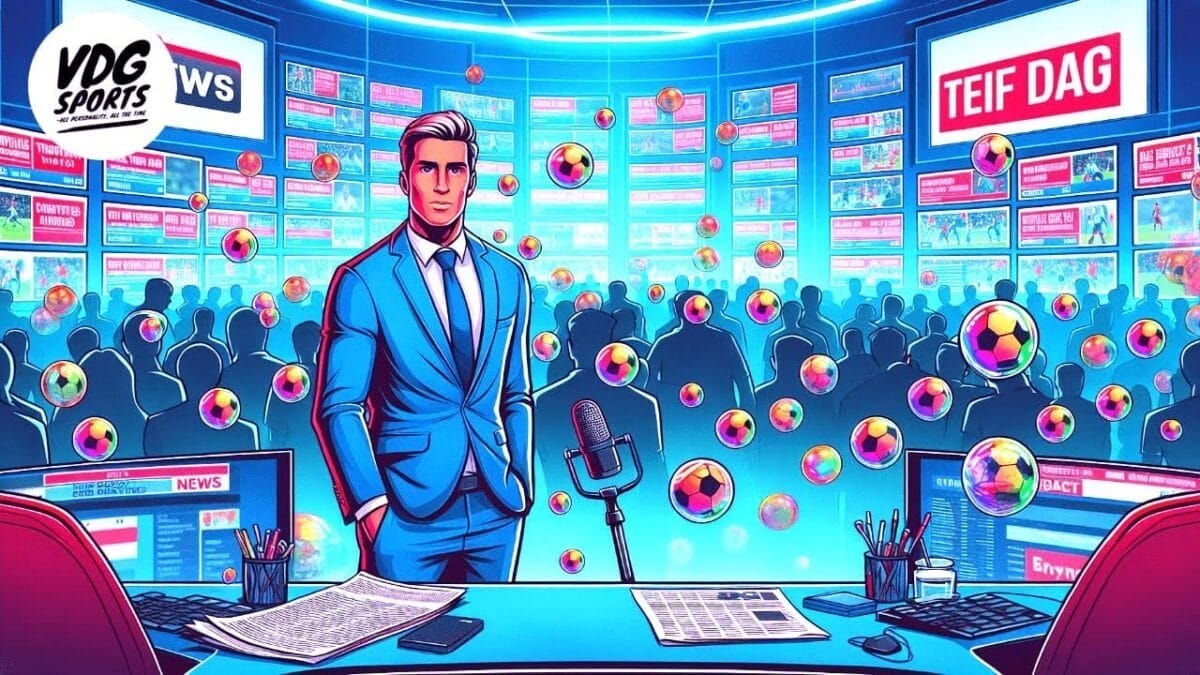 A man in a blue suit stands in a futuristic sports news studio filled with floating soccer balls, discussing the latest buzz from the football transfer window. Multiple screens display news segments, adding to the vibrant and colorful atmosphere of the studio.