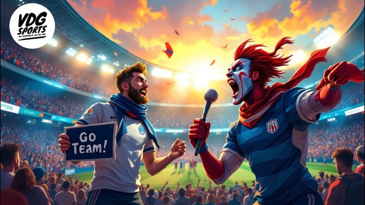 A soccer match is underway in a large stadium where Football Fanatics revel. A person in a clown costume with face paint clutches a microphone on the field, while another with a beard waves a "Go Team!" sign. The crowd roars enthusiastically under the colorful sky.