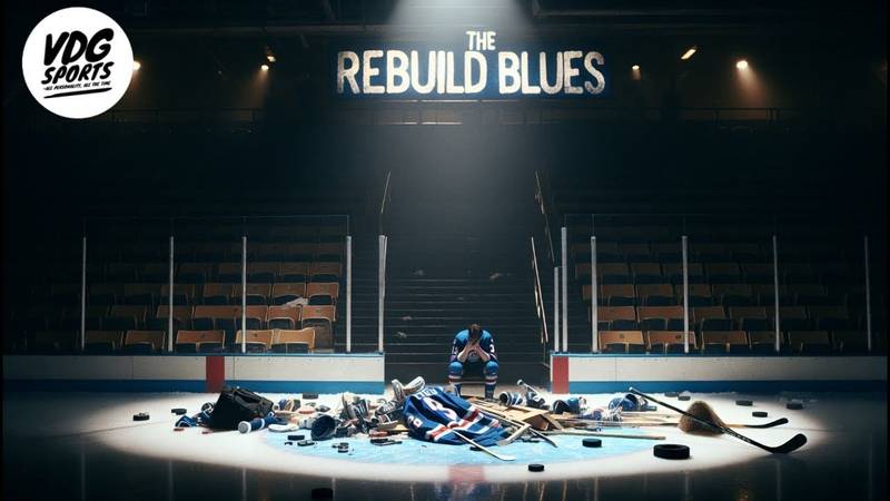 A dimly lit hockey arena with scattered sports equipment and broken sticks at center ice creates an atmosphere familiar to NHL fans. A dejected player in blue sits amidst the debris. Above, a sign reads "The Rebuild Blues," while the VDG Sports logo hovers in the top left corner.