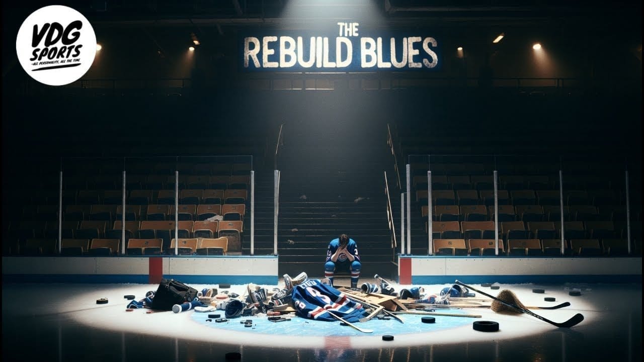A dimly lit hockey arena with scattered sports equipment and broken sticks at center ice creates an atmosphere familiar to NHL fans. A dejected player in blue sits amidst the debris. Above, a sign reads "The Rebuild Blues," while the VDG Sports logo hovers in the top left corner.