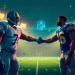 Two American football players, each representing different NFL teams taking players to new heights, shake hands on the field under bright stadium lights. One in a white uniform and helmet, the other in blue, stand beneath the iconic NFL logo as autumn leaves gently fall around them.