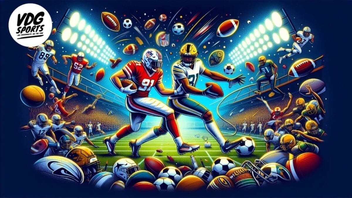 Illustration of two European football players in action on a lit field, surrounded by various sports balls, helmets, and cheering crowds. Bright stadium lights illuminate the scene. VDG Sports logo appears in the corner.