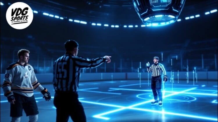 A futuristic ice hockey rink with neon blue lights. A referee in traditional black-and-white stripes is pointing, while another referee appears as a hologram. A player in a black-and-yellow jersey stands ready. VDG Sports logo is visible in the corner.