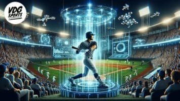 A futuristic baseball player stands ready to swing, surrounded by holographic displays and drones on an illuminated field, embodying the MLB time to fully embrace technology. The scene unfolds in a buzzing stadium, holding a full audience under the night sky.