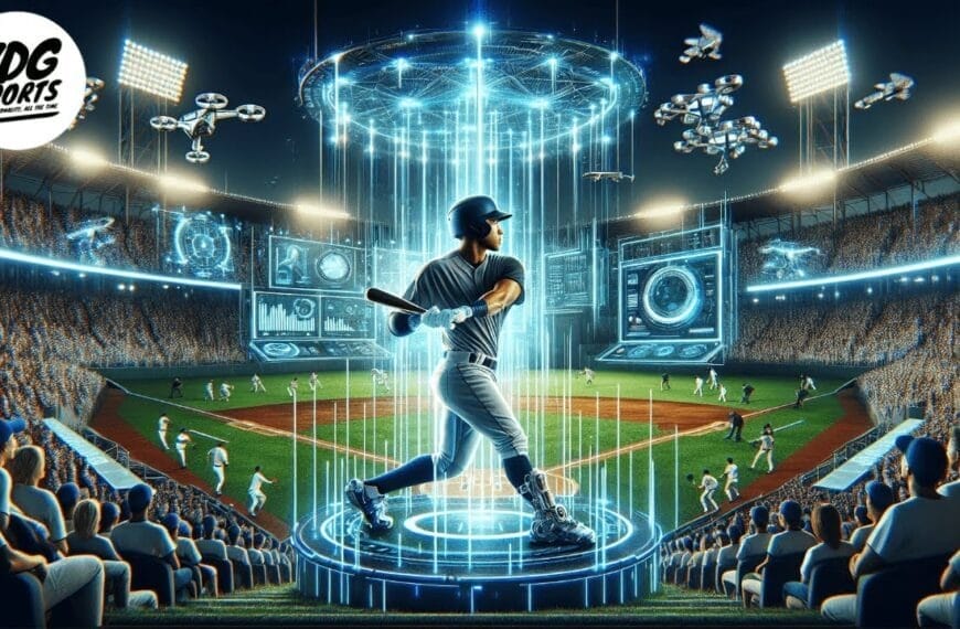 A futuristic baseball player stands ready to swing, surrounded by holographic displays and drones on an illuminated field, embodying the MLB time to fully embrace technology. The scene unfolds in a buzzing stadium, holding a full audience under the night sky.