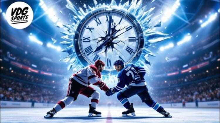 Two hockey players face off on the ice in an arena, set against a backdrop of a shattered clock design, adding drama to the NHL preseason schedule. They wear contrasting uniforms: one in red and white, the other in blue and white. The "VDG Sports" logo is prominently displayed in the top left corner.