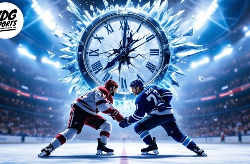 Two hockey players face off on the ice in an arena, set against a backdrop of a shattered clock design, adding drama to the NHL preseason schedule. They wear contrasting uniforms: one in red and white, the other in blue and white. The "VDG Sports" logo is prominently displayed in the top left corner.