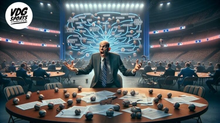 A man in a suit looks surprised while standing behind a table scattered with baseballs and papers in an arena. In the background, a large, illuminated screen displays a complex web of interconnected baseball teams and future MLB drafts. The arena is filled with people sitting and watching eagerly.