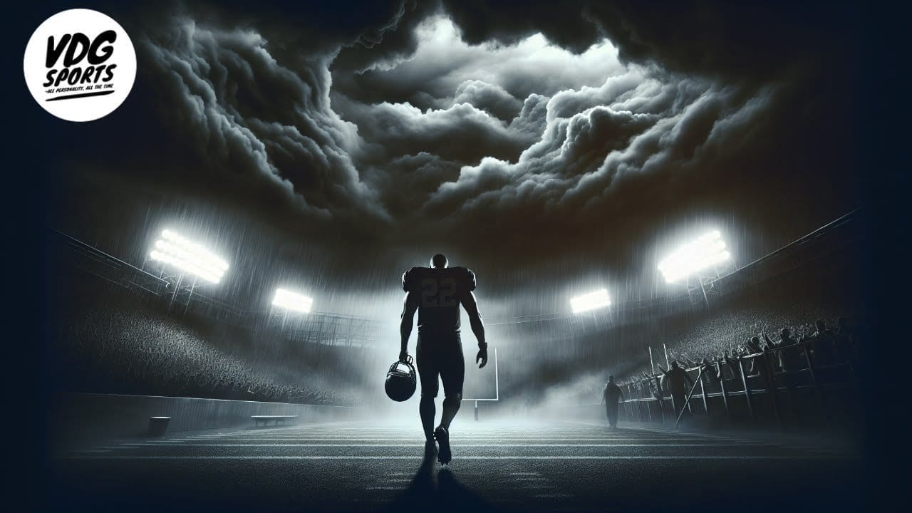 A football player wearing number 22 walks alone on a dimly lit field at night, holding a helmet. Stadium lights cast a dramatic glow, and stormy clouds form a vortex overhead. The scene is atmospheric, with the stands visible under the cloudy sky. VDG SPORTS logo in the corner.