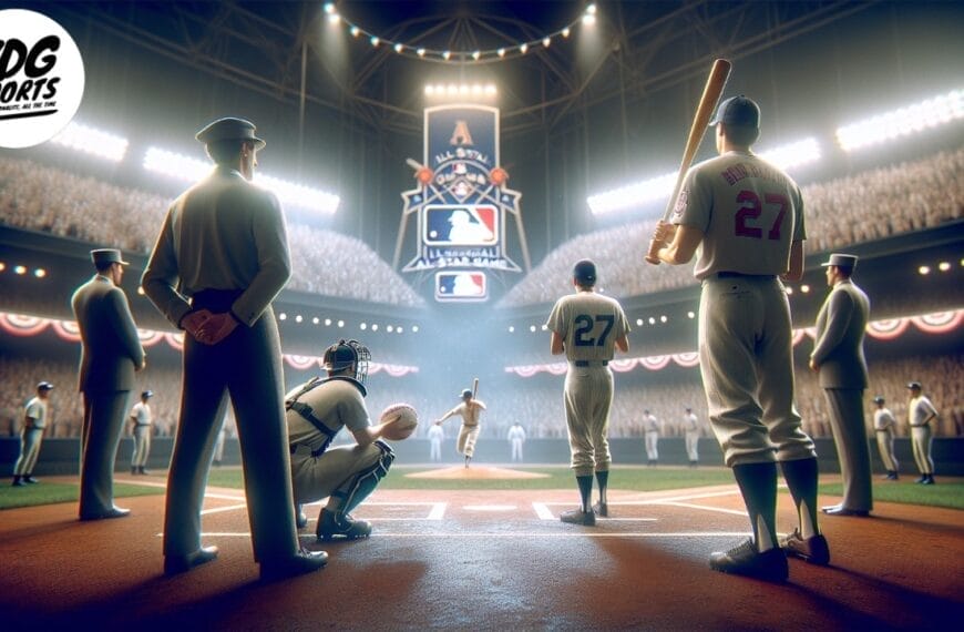 A baseball game in a packed stadium at night, with players and umpires on the field. The scoreboard in the background displays team logos, and the VDG Sports logo is visible in the top left corner.